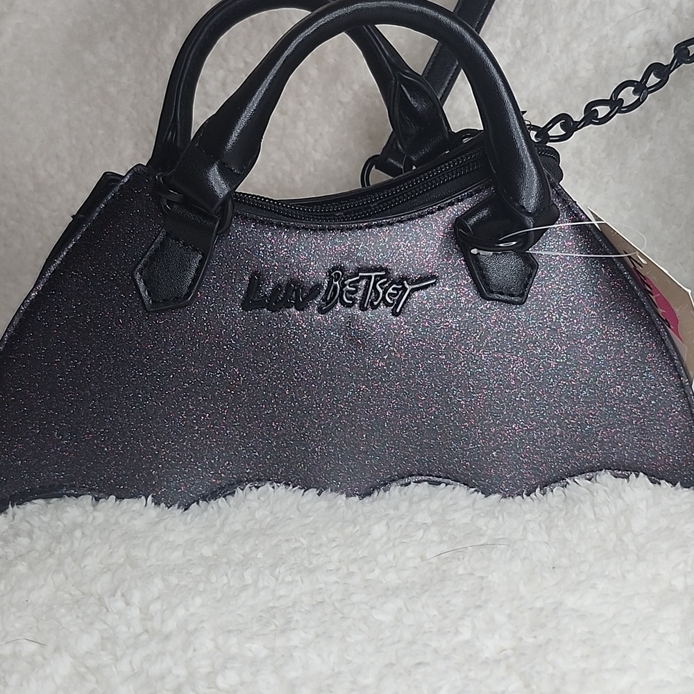 Betsey Johnson Bat Shaped Crossbody Bag Black Glitter Small NWT